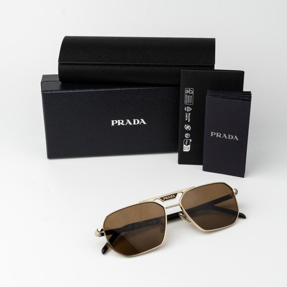 Prada Men Sunglasses Gold Brown Polarized Pilot Men PR58YS ZVN5Y1 BRAND NEW - Picture 10 of 12